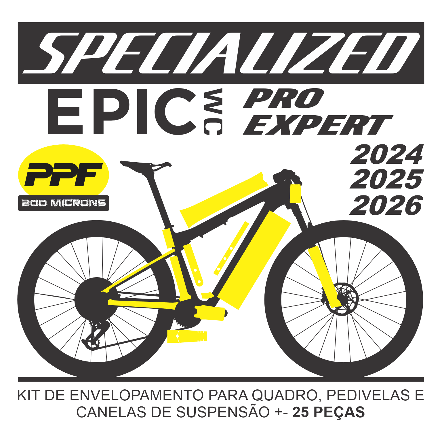 Kit de Envelopamento Protetivo PPF (brilho) Specialized Epic World Cup Expert ou Pro - Mod. 2023-2024-2025-2026 - Tam. L